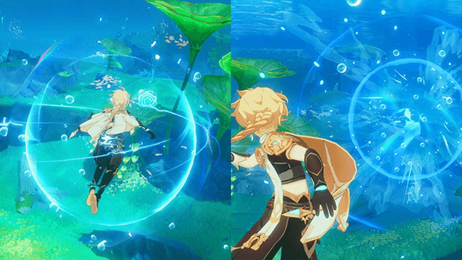 Genshin Impact Traveler using Xenochromatic Armored Crab shockwave to mine underwater