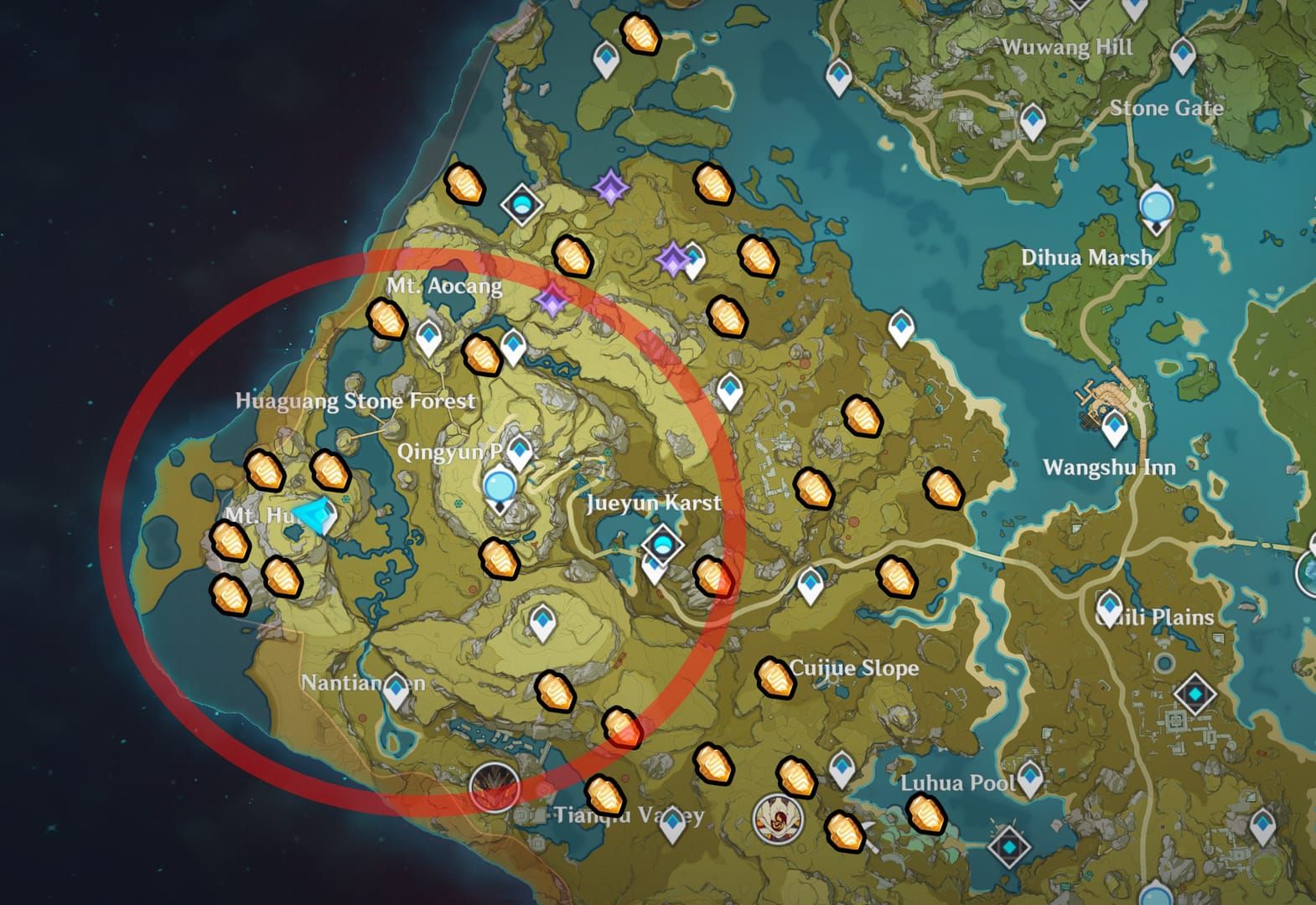 Mapa Genshin Impact góry Hulao pokazująca trasę zbierania Cor Lapis i lokalizacje