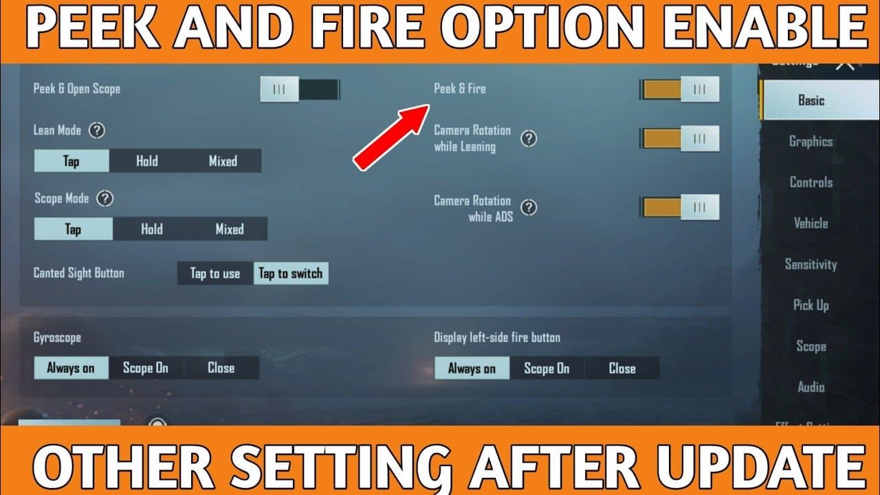 PUBG Mobile settings interface displaying peek and fire control options