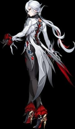 原神官方阿蕾奇諾角色立繪，展示其火元素長柄武器設計