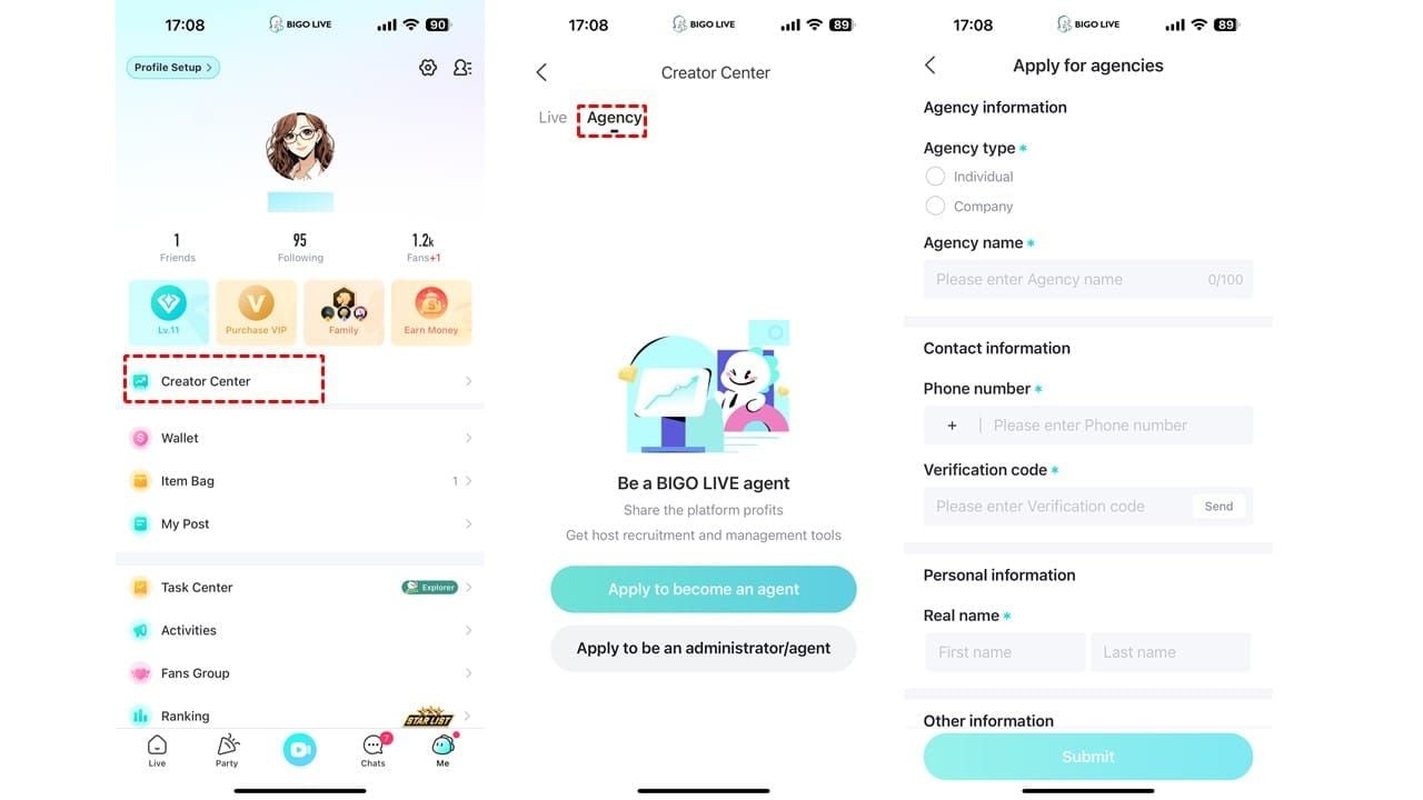 Bigo Live agency partnership benefits comparison showing salary and bonus structure