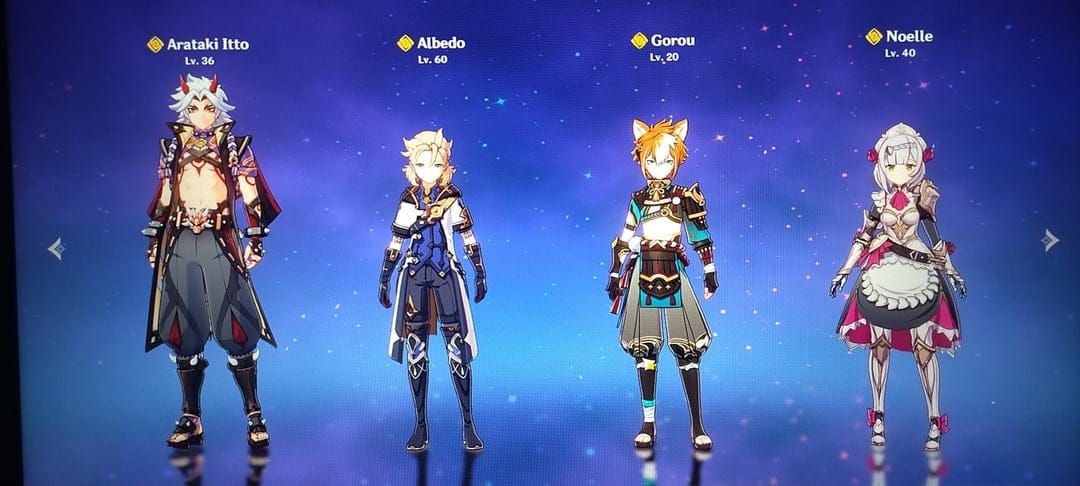 Itto mono-geo team composition showing Itto, Gorou, Albedo/Chiori, and Zhongli