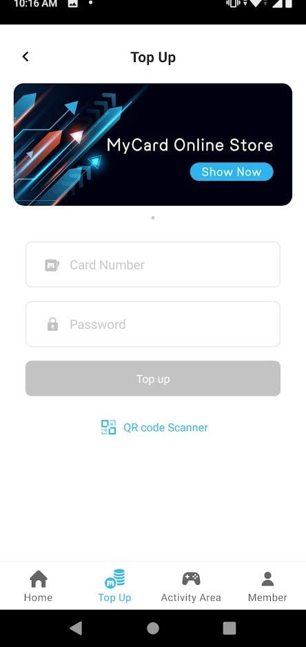 واجهة ماسح كود QR في تطبيق MyCard للهواتف