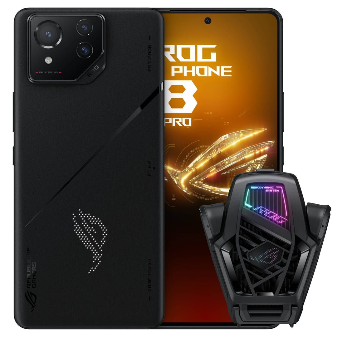 Smartphone gaming ASUS ROG Phone 8 Pro con botones AirTrigger visibles y elementos de diseño gaming