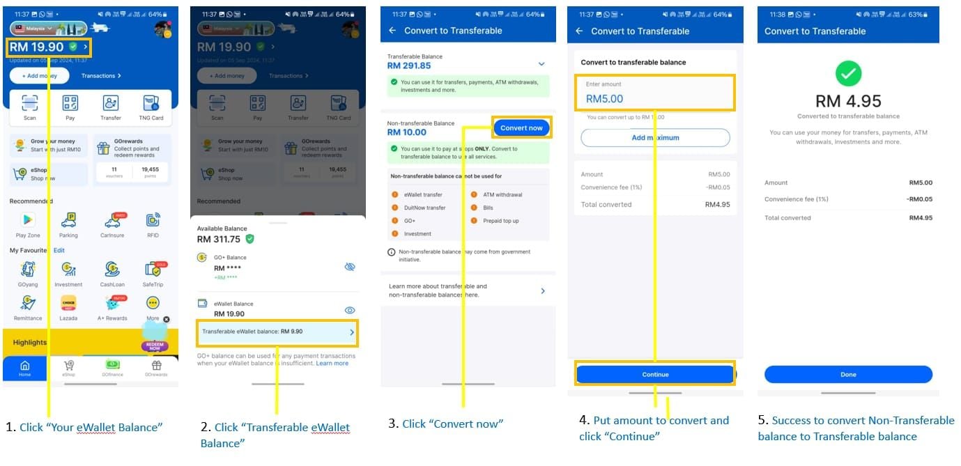 Interfaz de la aplicación TNG eWallet seleccionando la opción de recarga con PIN
