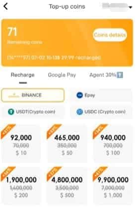 Captura de tela do guia passo a passo para compra de moedas Poppo Live e inserção do ID de Usuário