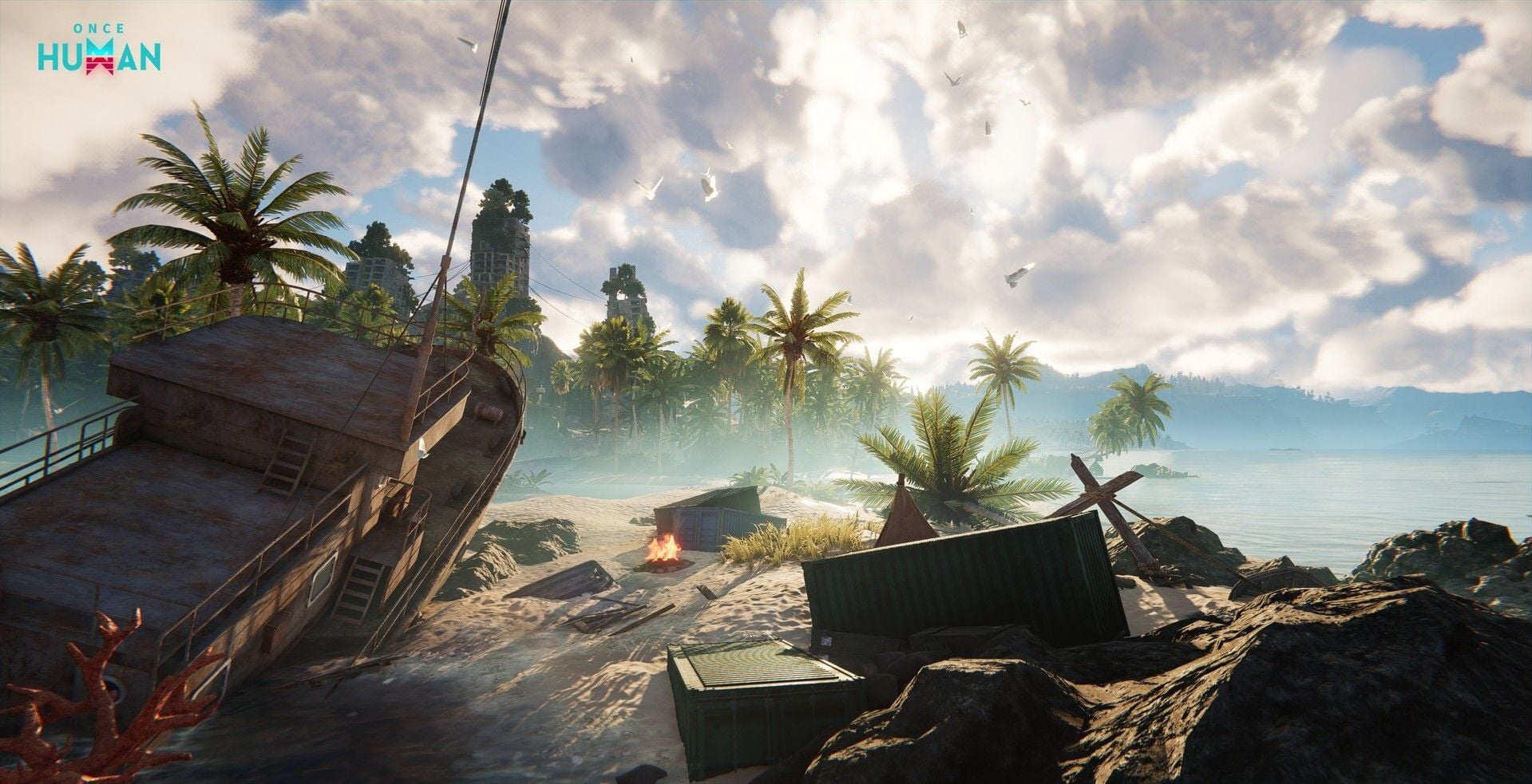 Praia de Isles of Abyss com o casco de um navio naufragado, imagem oficial de Once Human