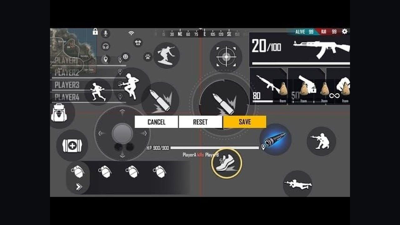 Free Fire custom HUD editor with fire, jump, and scope buttons on alignment guides