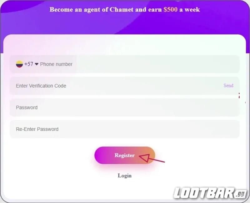 Экран настроек аккаунта Chamet с опциями регистрации агента или правами доступа
