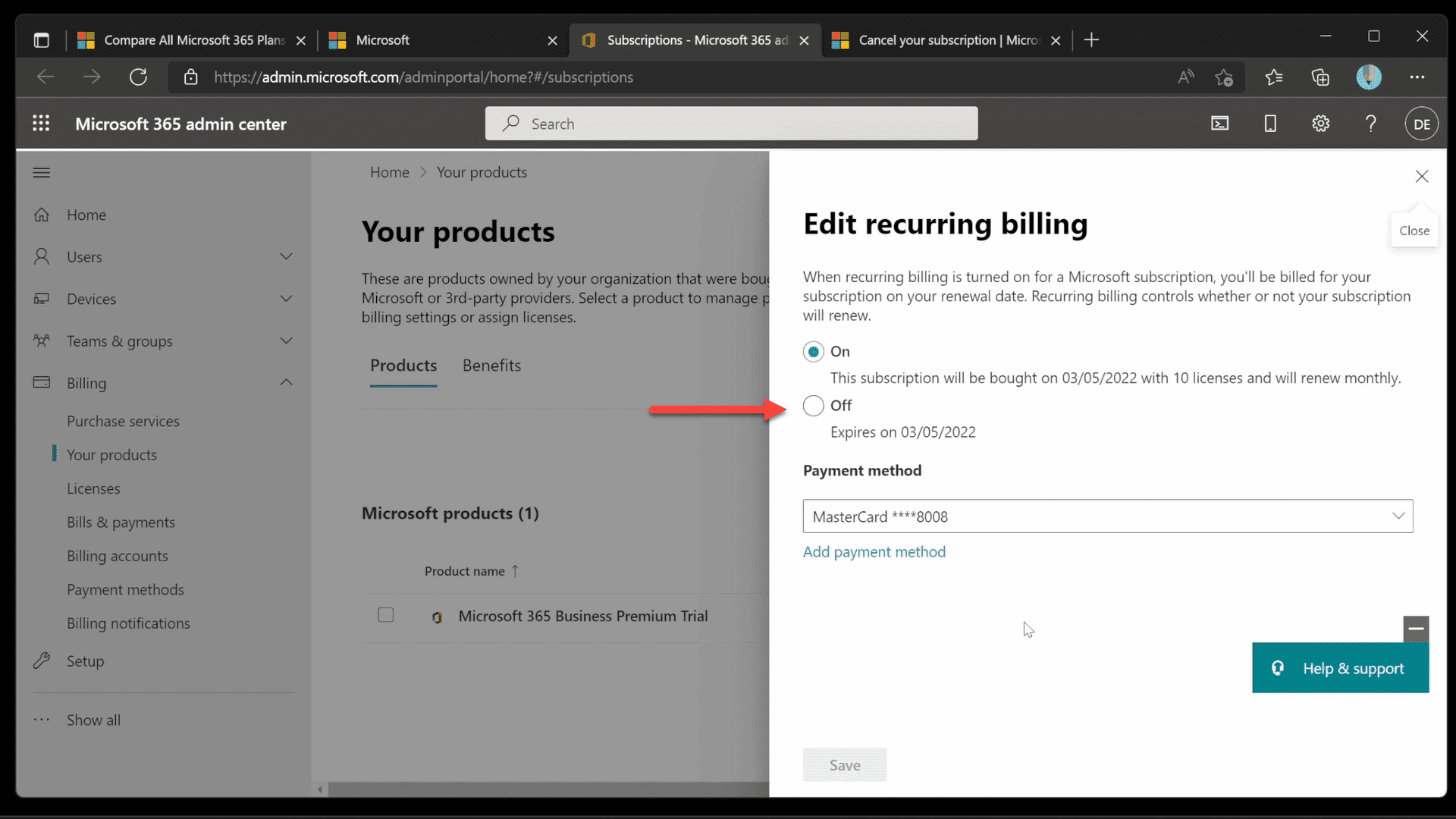 Microsoft Services and Subscriptions page showing recurring billing and expiration dates