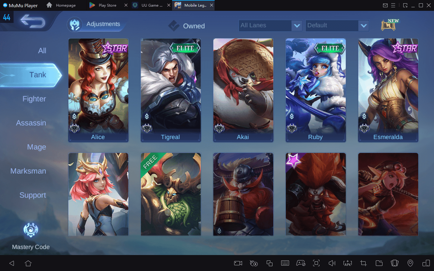 Mobile Legends Bang Bang hero selection screen showing different character roles and classes