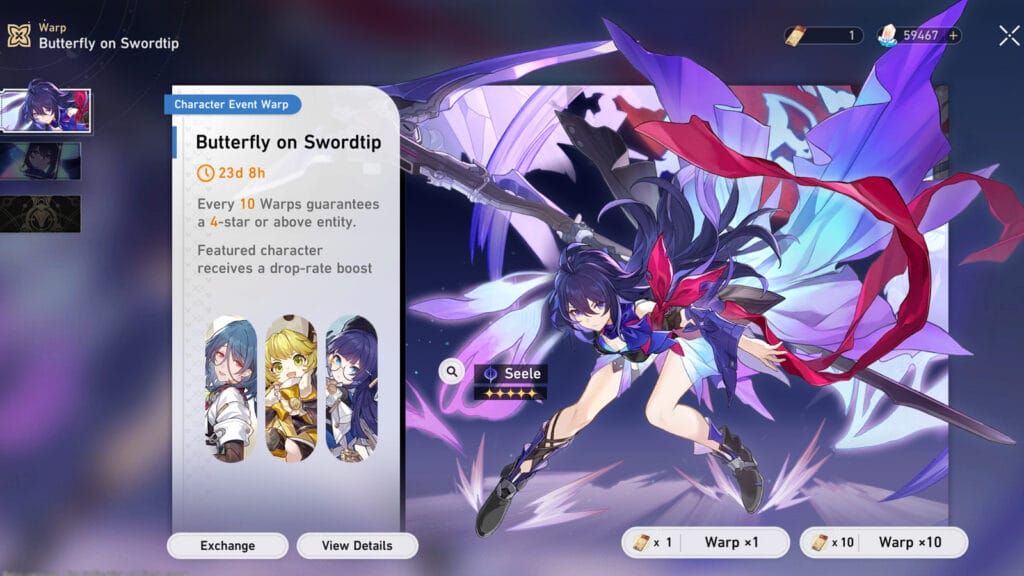 Honkai Star Rail banner interface showing different warp types and pity information