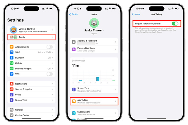 Interfaccia di condivisione familiare Apple con opzione Chiedi di acquistare