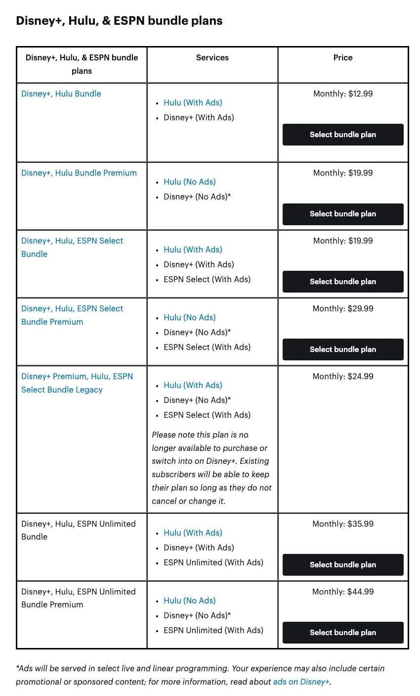 Comparison interface displaying Hulu standalone and Duo streaming plans