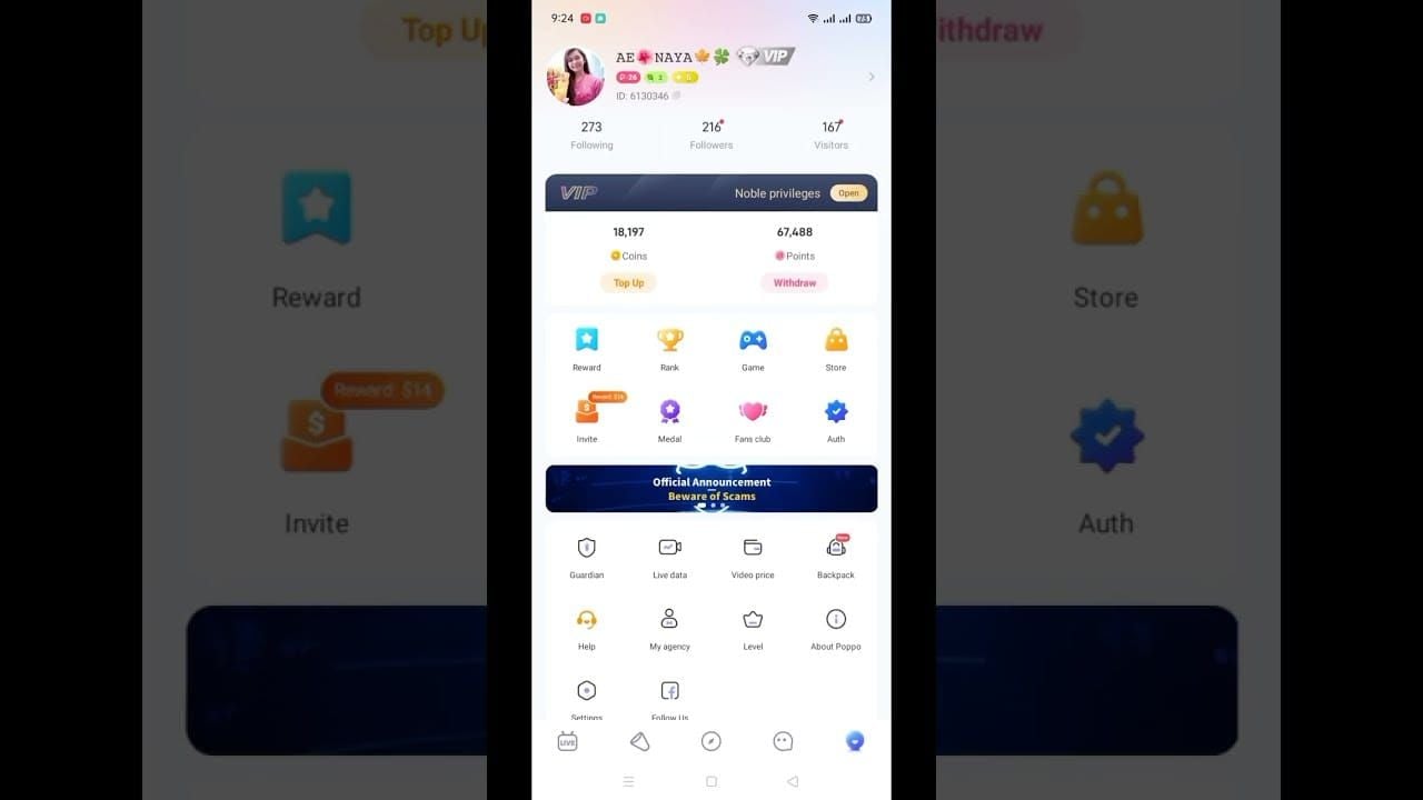 Antara muka papan pemuka Poppo Live untuk menuntut ganjaran misi bonus dan pengeluaran