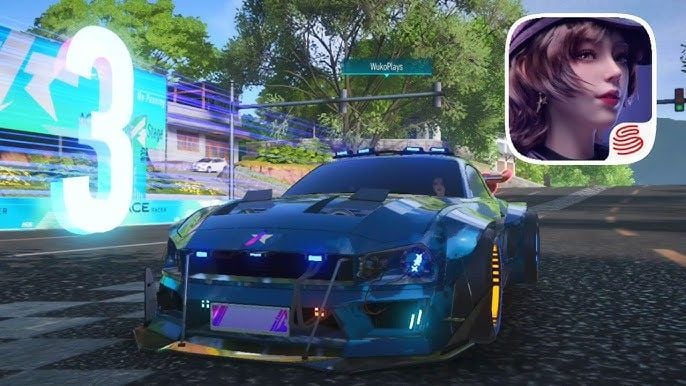 سيارة رياضية مرخّصة من Ace Racer تتسابق على حلبة مدينة نيون عالية السرعة