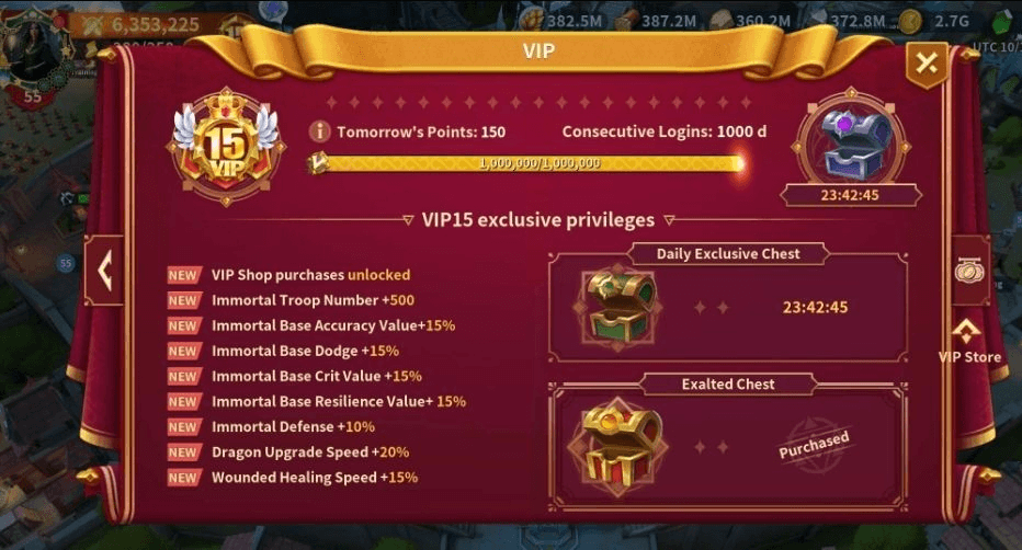 Infinity Kingdom VIP perks page showing VIP 10 daily rewards