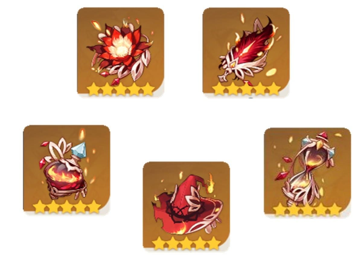 Set artefak Genshin Impact Crimson Witch of Flames menunjukkan kelima bagian dengan desain api merah