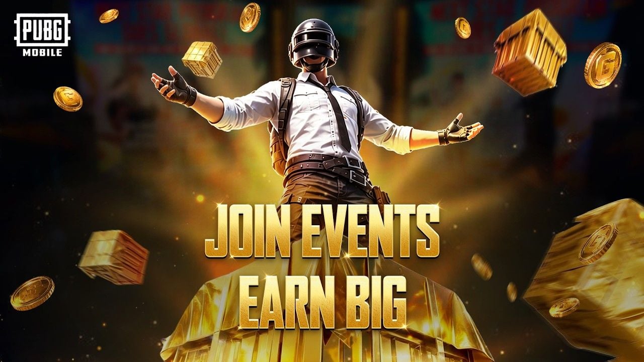 ภาพอาร์ตเวิร์กอย่างเป็นทางการของกิจกรรม PUBG Mobile Join Events Earn Big พร้อมหมวกกันน็อกระดับ 3 และกล่องทองคำ