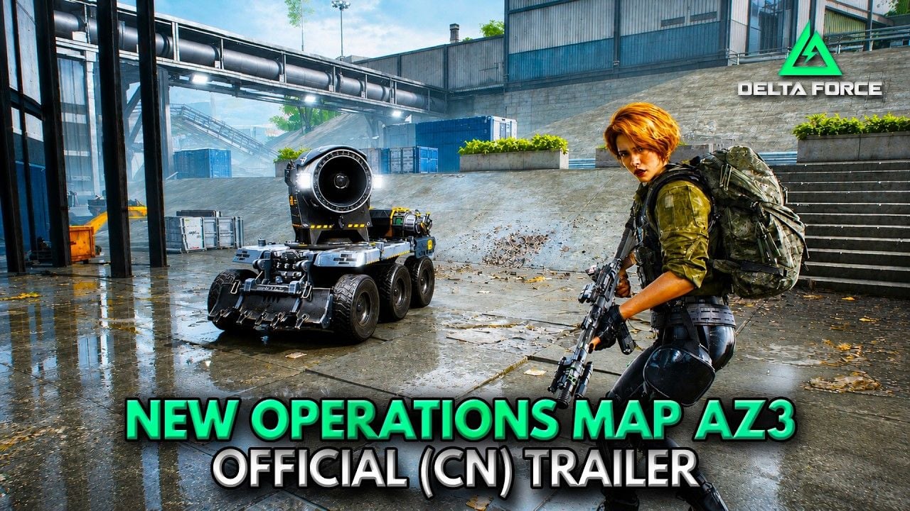 صورة ترويجية رسمية لخريطة AZ3 Operations في لعبة دلتا فورس تظهر بندقية ومركبة أرضية مسيرة (UGV)
