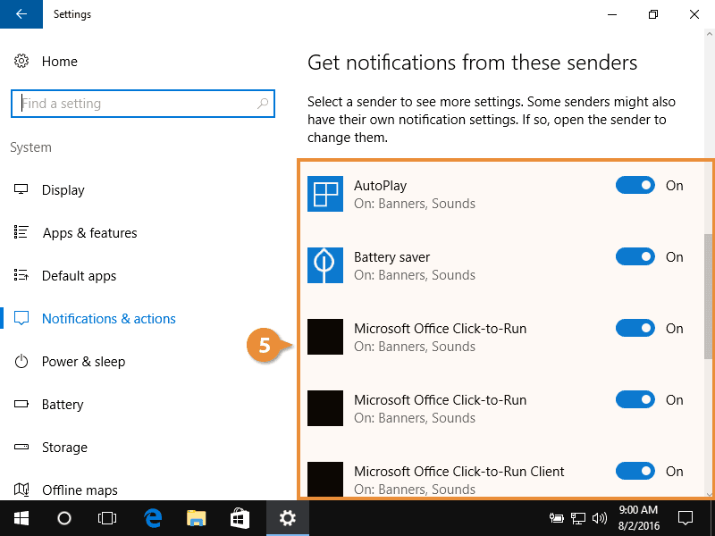 Instellingen voor Windows Actiecentrum meldingen