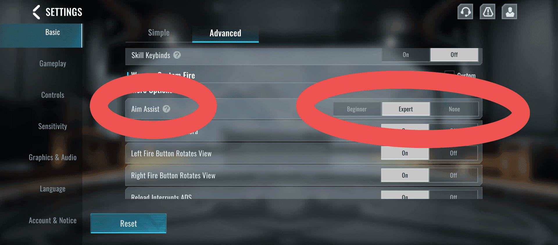 ब्लड स्ट्राइक ऐम असिस्ट स्ट्रेंथ स्लाइडर्स इंटरफ़ेस
