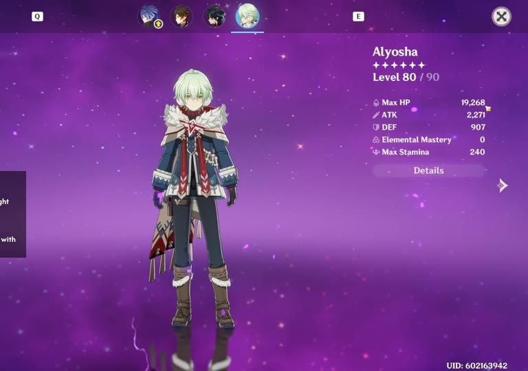 Alyosha attributes Energy Recharge ATK Electro support stats
