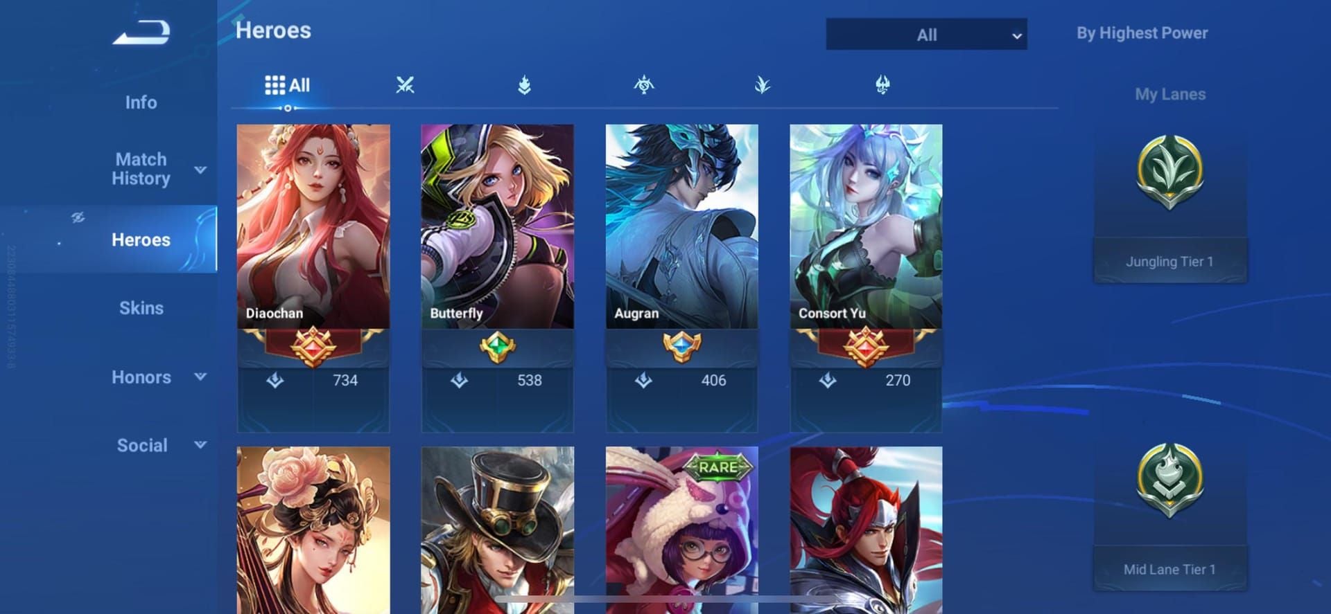 واجهة قوة البطل في Honor of Kings تعرض أفضل 5 أبطال، والأبطال المهرة، وقوى المسار