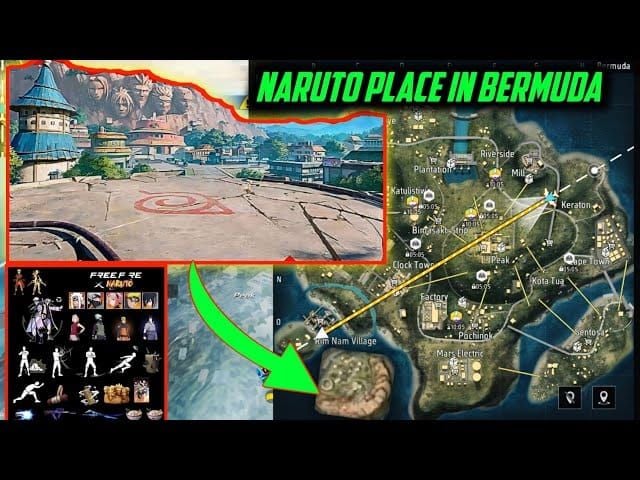 Mapa de Free Fire Bermuda com elementos da colaboração Naruto como Rocha Hokage e Ichiraku Ramen
