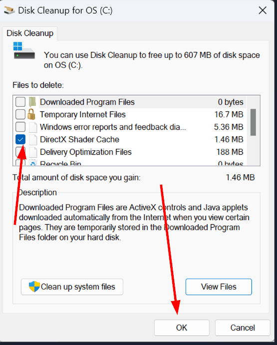 شاشة تنظيف القرص في Windows تبرز خيار حذف ذاكرة التخزين المؤقت للتظليل DirectX Shader Cache