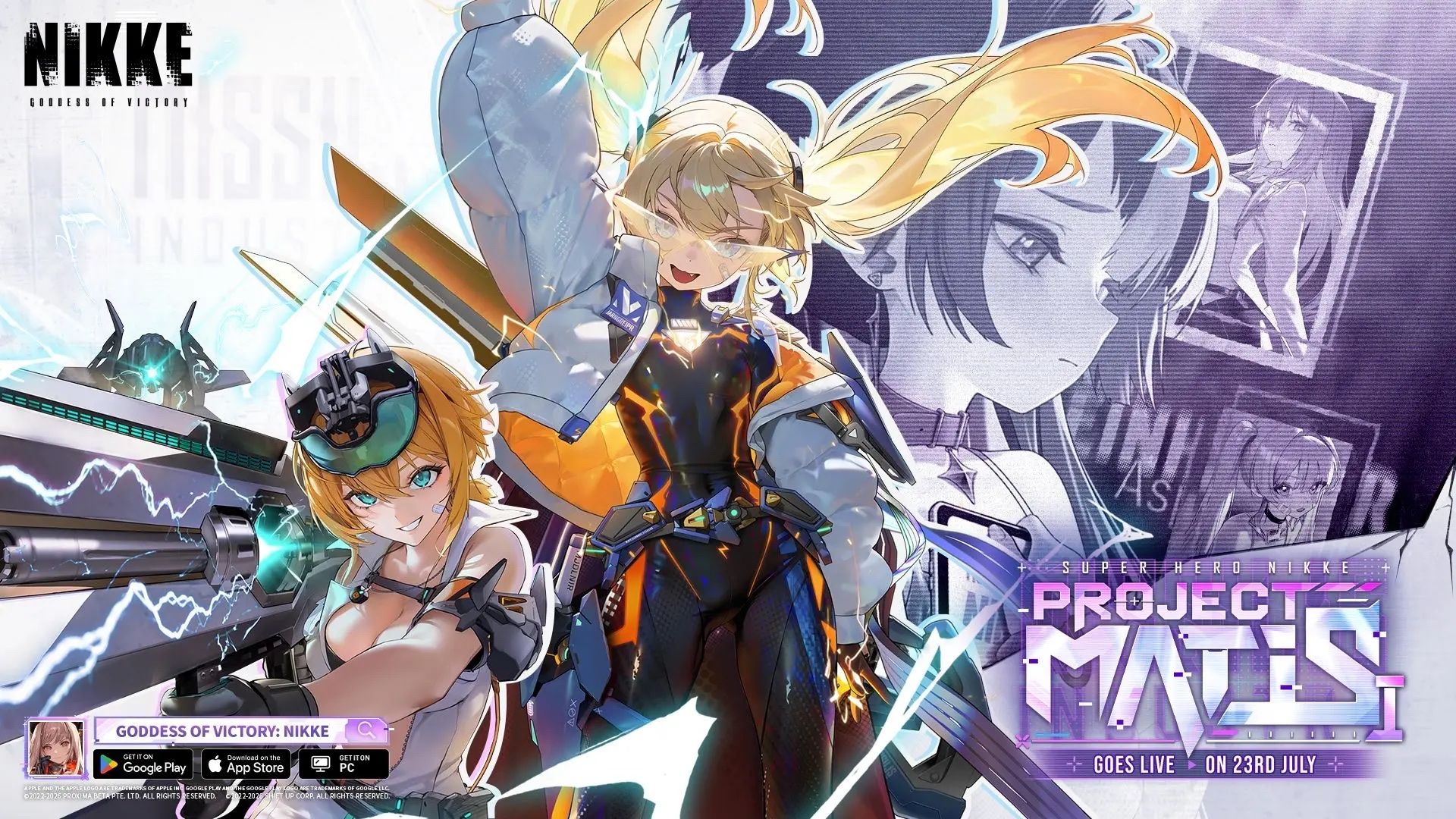 NIKKE July 2026 Project Matis banner with Laplace, Drake, and Maxwell