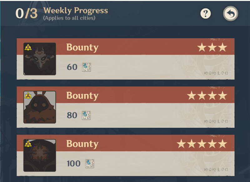 Genshin Impact bounty hunting interface showing a 5-star difficulty target with combat modifiers