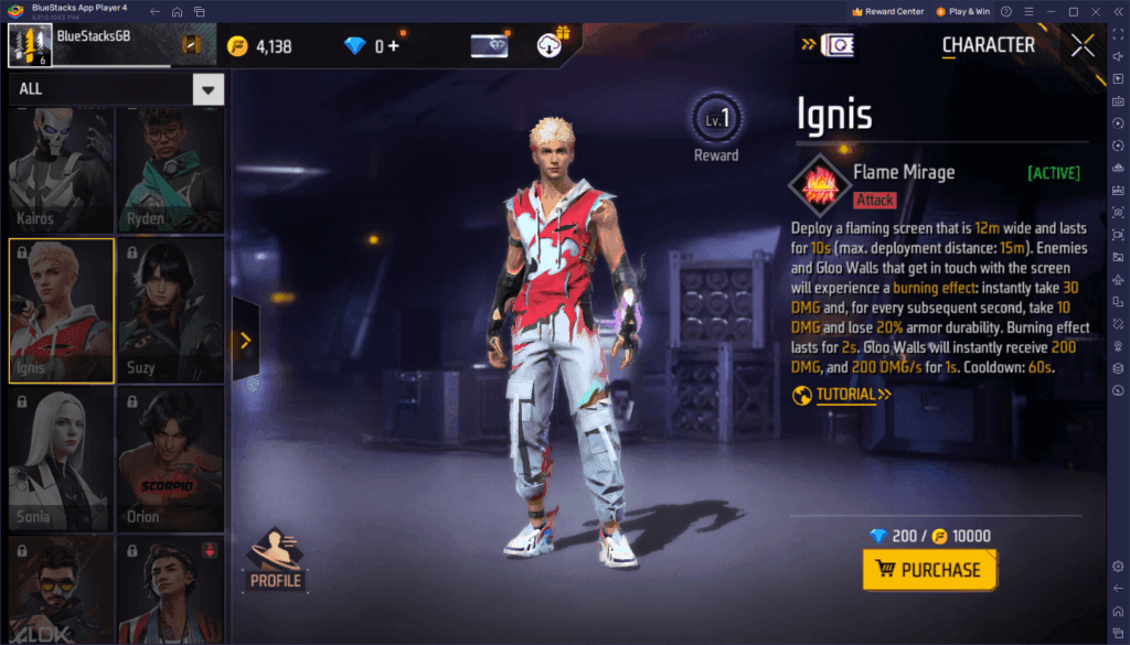 Vista previa del personaje con el Paquete Voluntad de Fuego de Free Fire