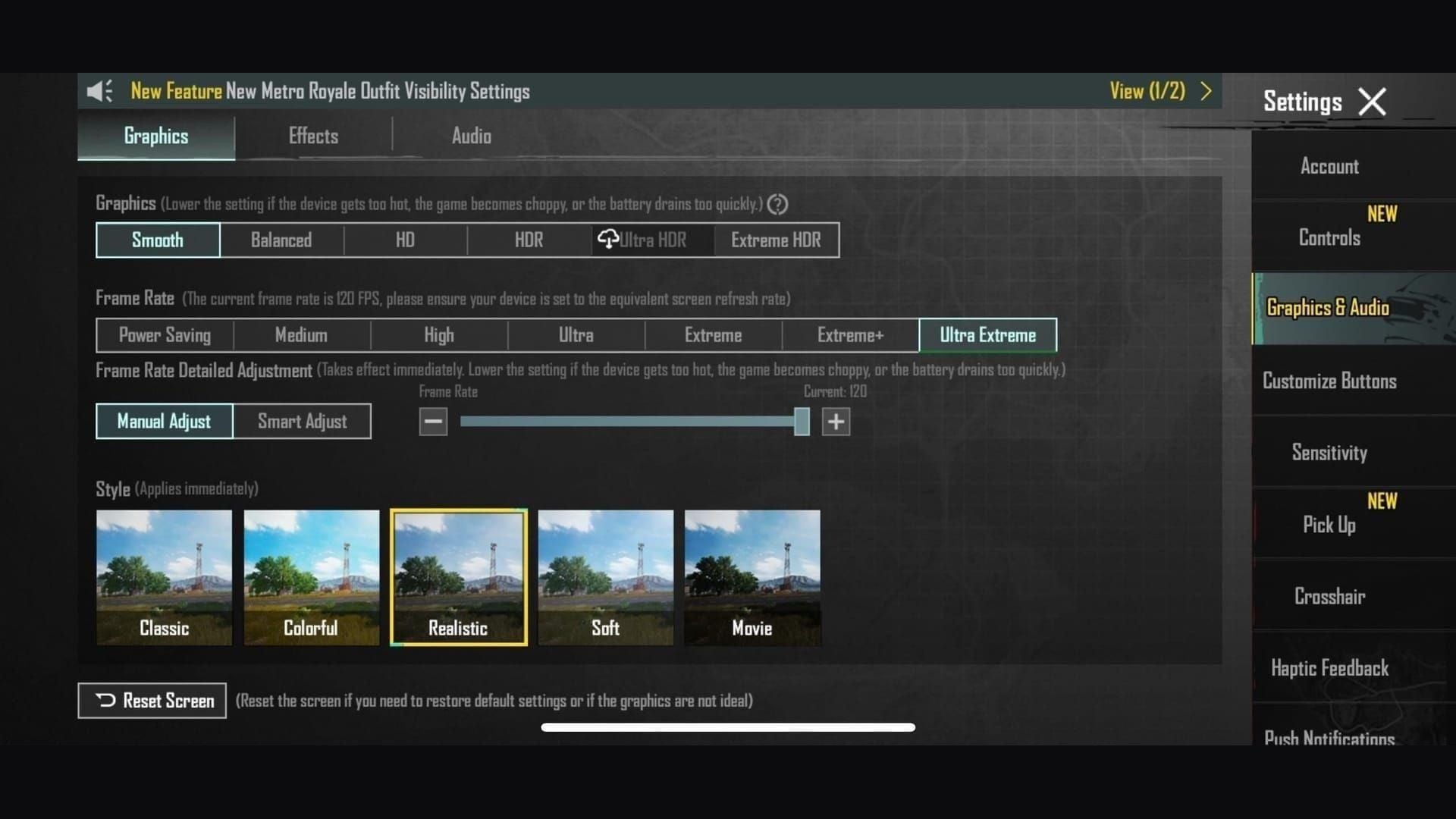 PUBG Mobile Smooth graphics with Ultra Extreme 120 FPS selected