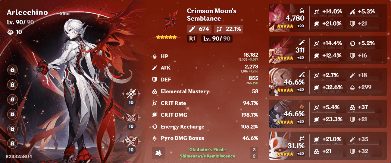 Build karakter Arlecchino dengan set artefak Fragment of Harmonic Whimsy