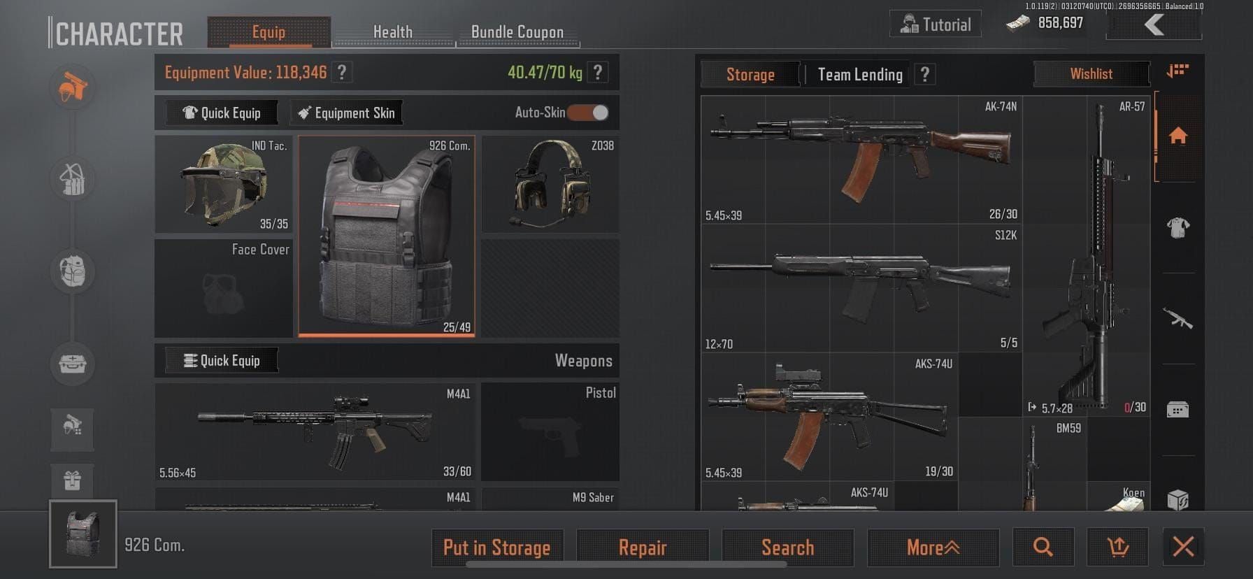 Interfața de reparație a armurii Arena Breakout care arată costurile de reparație a armurii T4 și restaurarea durabilității