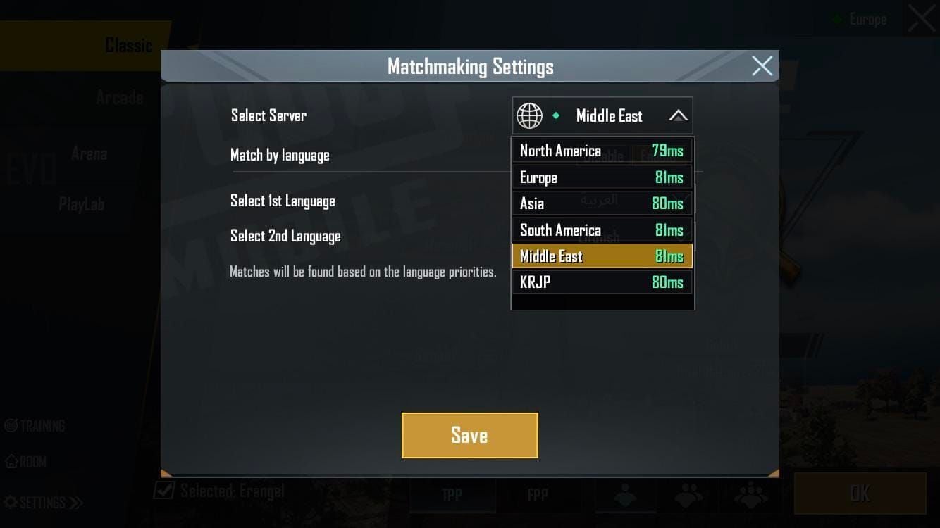 Tela de diagnóstico de rede interna do PUBG Mobile mostrando ping, perda de pacotes e indicadores de qualidade