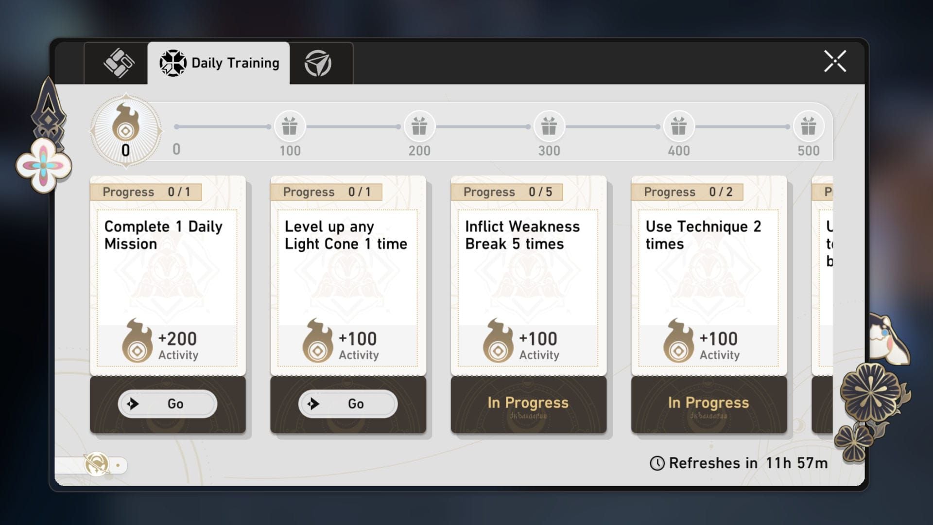 स्टेलर जेड पुरस्कार और पूर्णता स्थिति दिखाते हुए होनकाई स्टार रेल दैनिक प्रशिक्षण मिशन इंटरफ़ेस