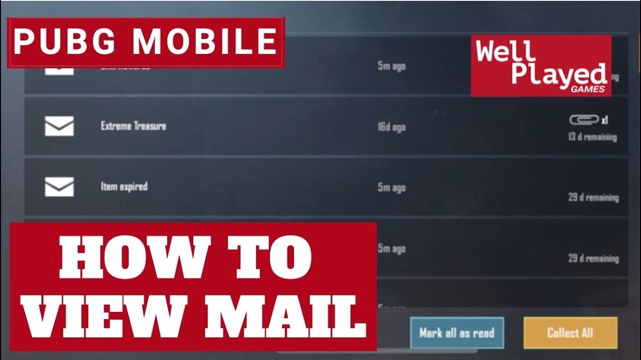 Interface de la boîte aux lettres en jeu de PUBG Mobile avec l'icône d'enveloppe des récompenses de code d'échange