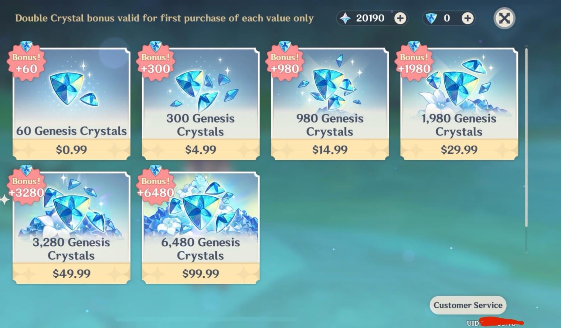 Genshin Impact Genesis Crystal shop showing first-time purchase bonus with doubled crystal amounts