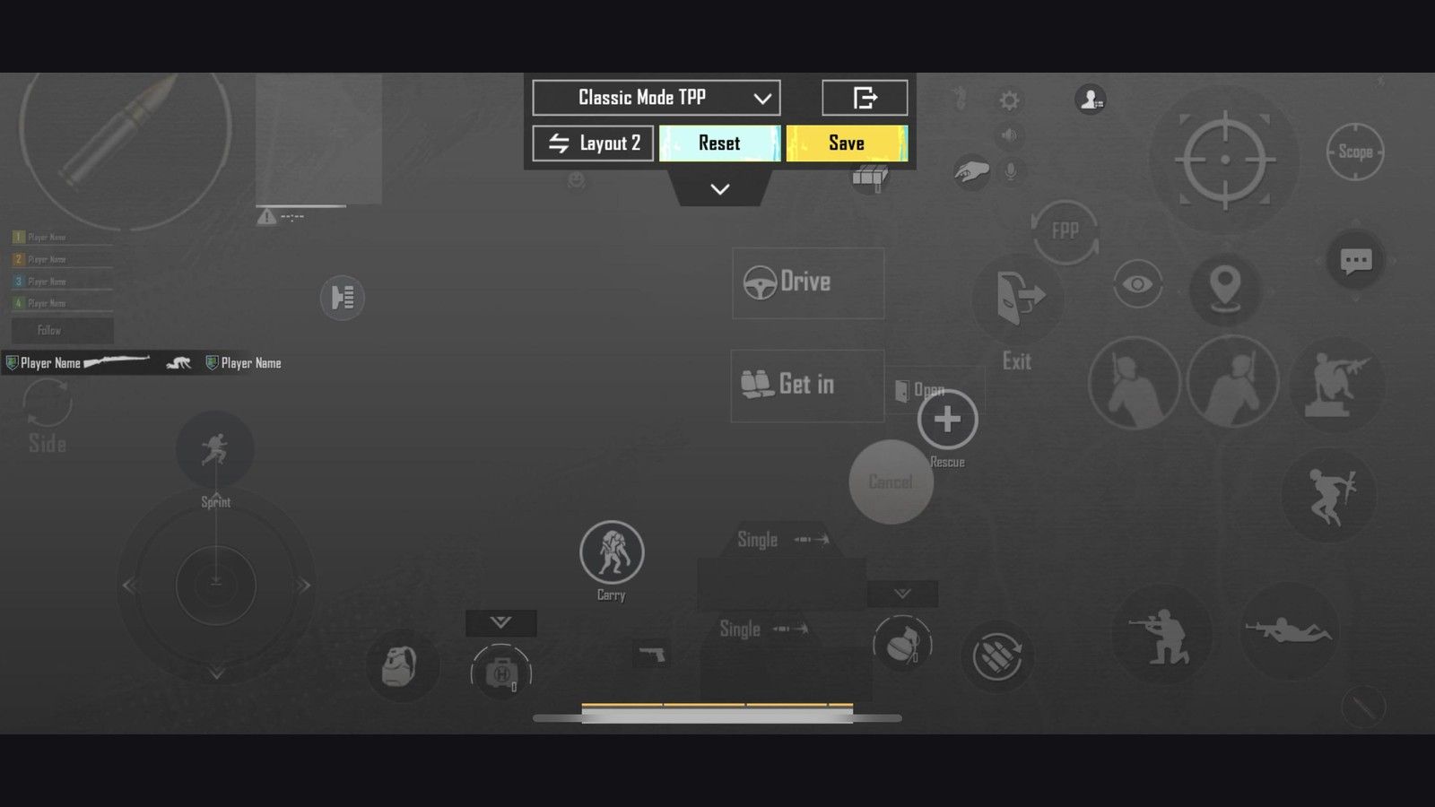 4-finger claw HUD layout with fire top-left and scope top-right