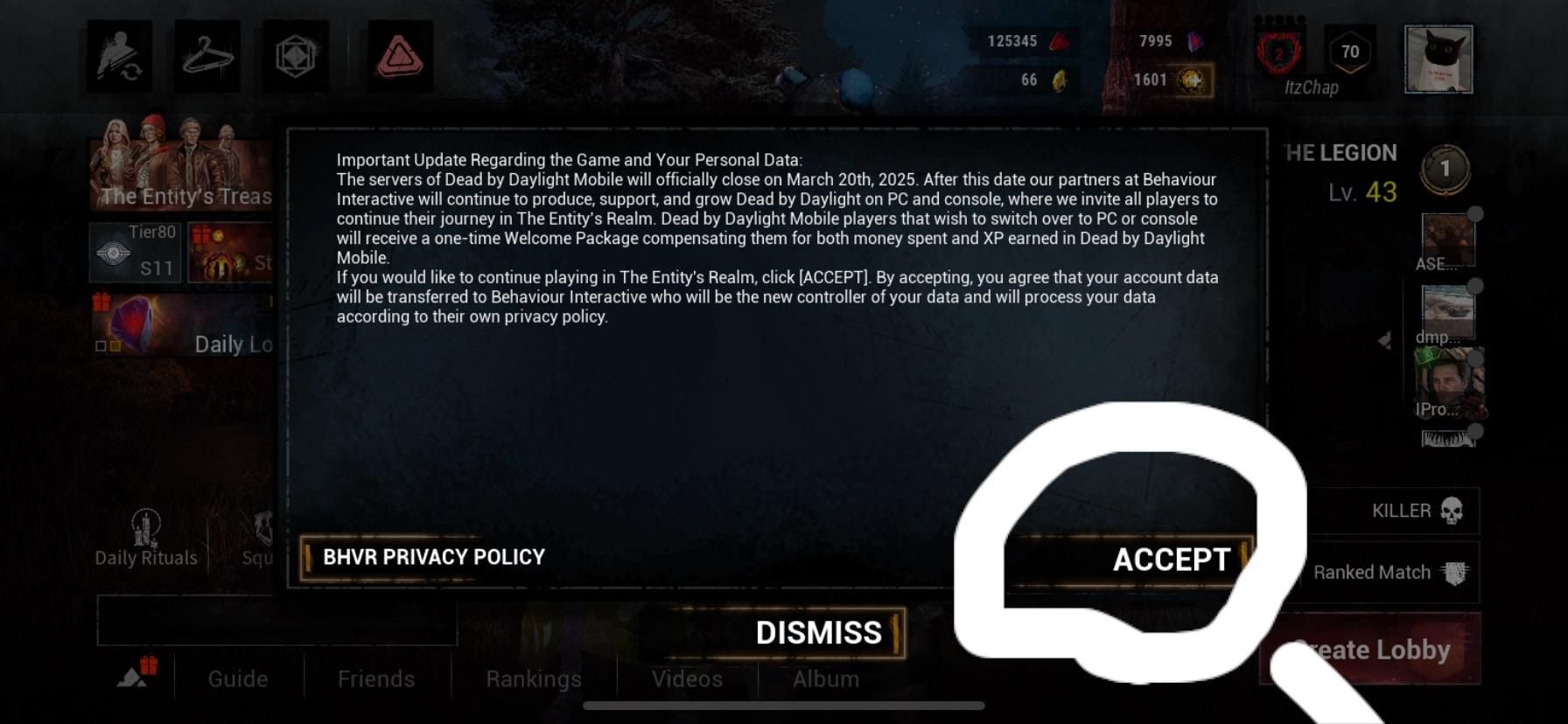 ゲーム内の未受け取りメッセージ一覧が表示されたDead by Daylight Mobileのメール受信箱画面