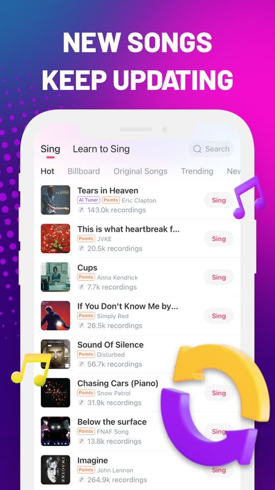 Captura de tela oficial da App Store da lista de músicas do StarMaker com a legenda New songs keep updating