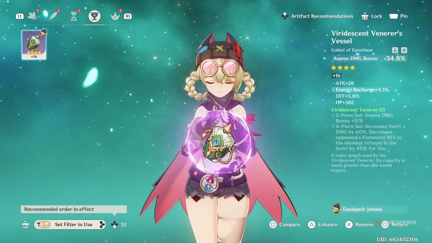 贾霍达角色配装界面，显示翠绿之影圣遗物套装及推荐主词条