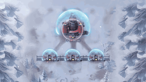 Étape animée de reconnaissance de Winter Siege montrant une forteresse ennemie protégée par un bouclier avec des lignes d'attaque rouges vers trois avant-postes