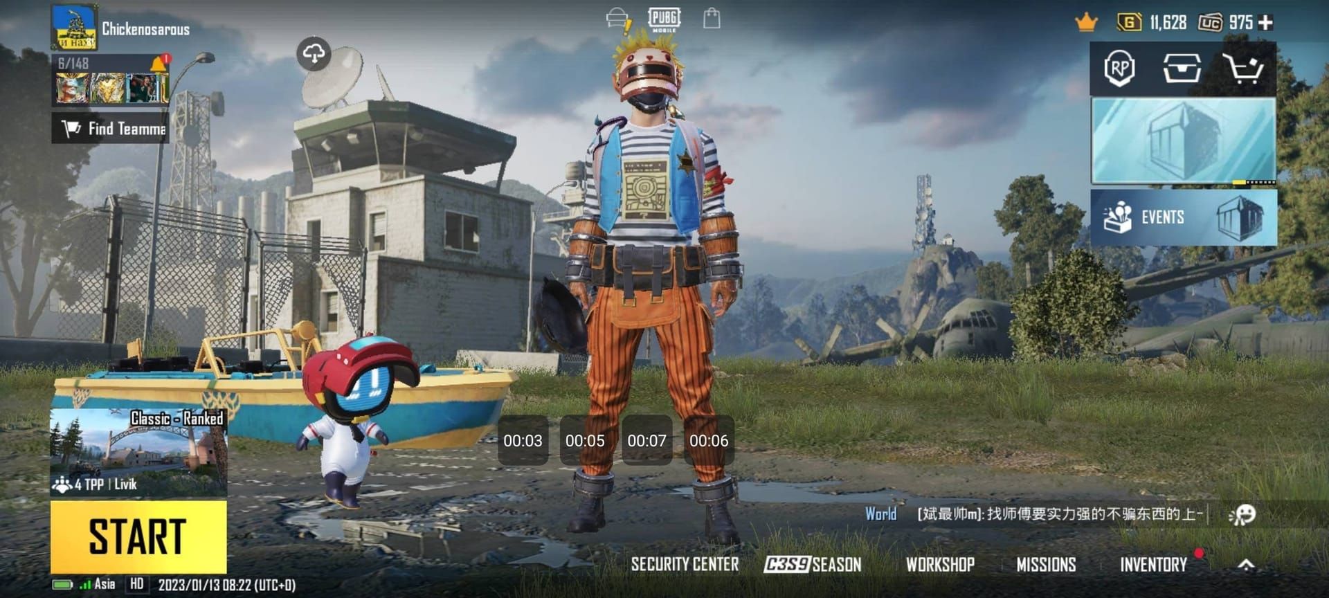 PUBG Mobile game interface displaying zone timer and safe farming window indicators