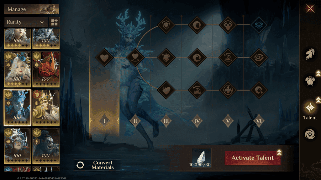 Dragonheir: Silent Gods Resonance Level system interface showing heroes automatically scaled to account level