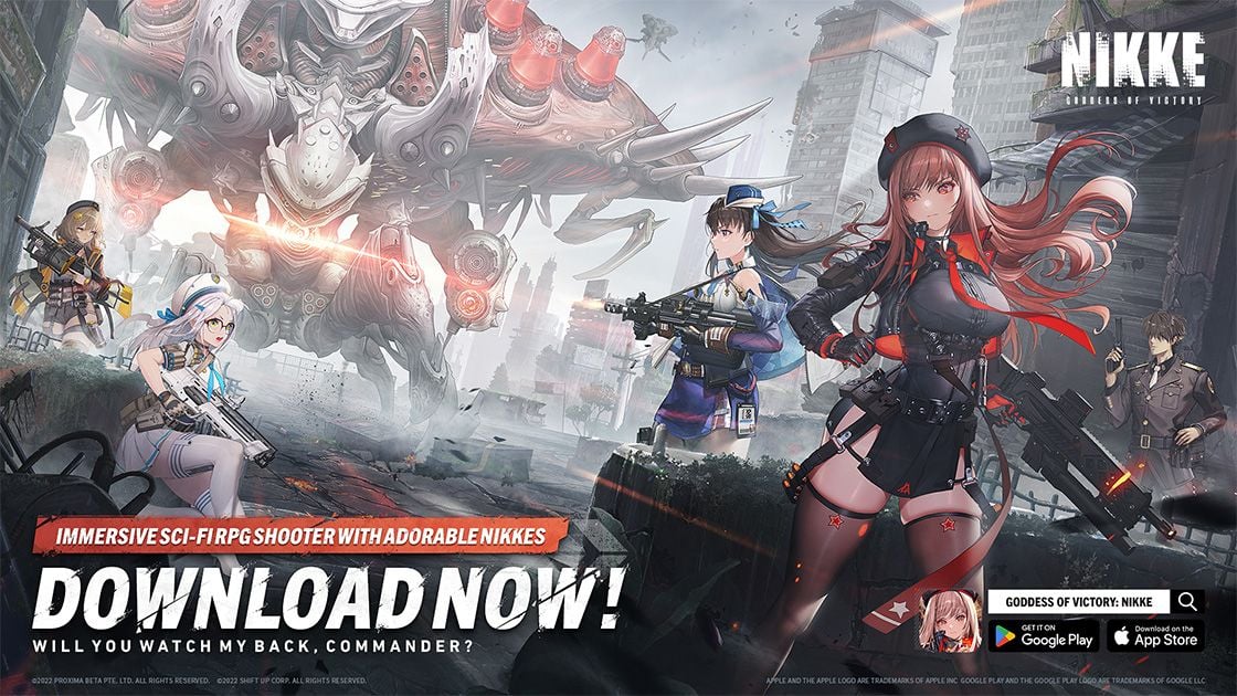 Official NIKKE Counters combat key art with Rapi, Anis, Neon, and Marian