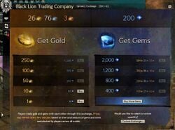 Tetingkap Pertukaran Mata Wang Guild Wars 2 menunjukkan kadar pertukaran gold kepada gems