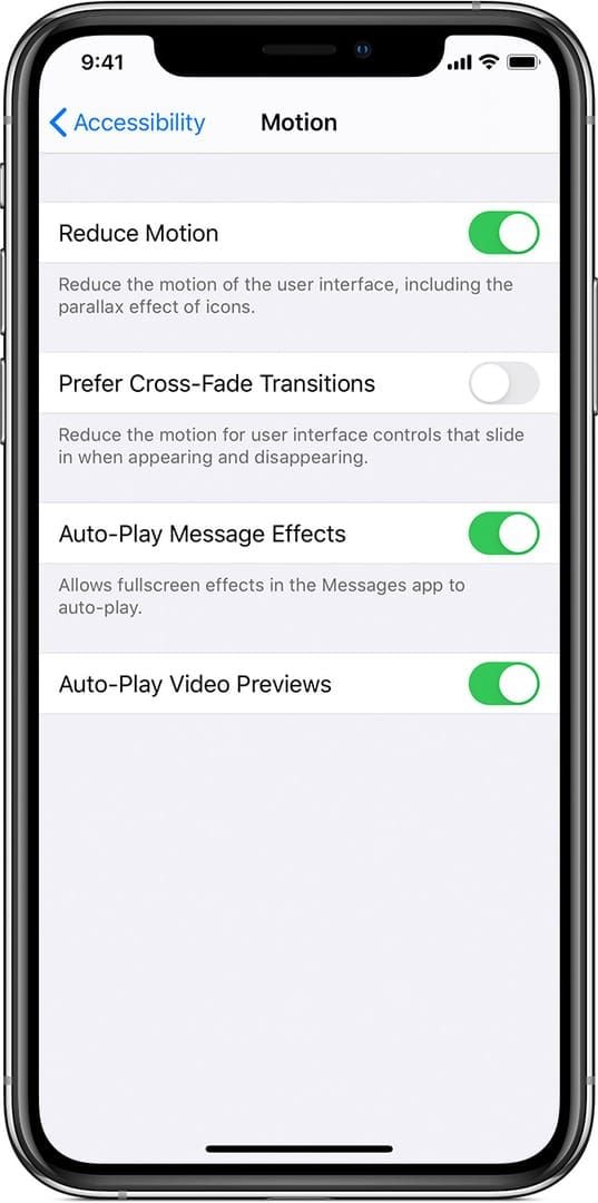 iOS Settings showing Accessibility > Motion options for frame rate limiting